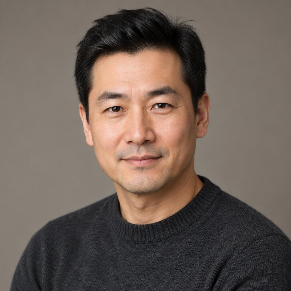 Studio portrait of an East Asian German man researcher in his forties