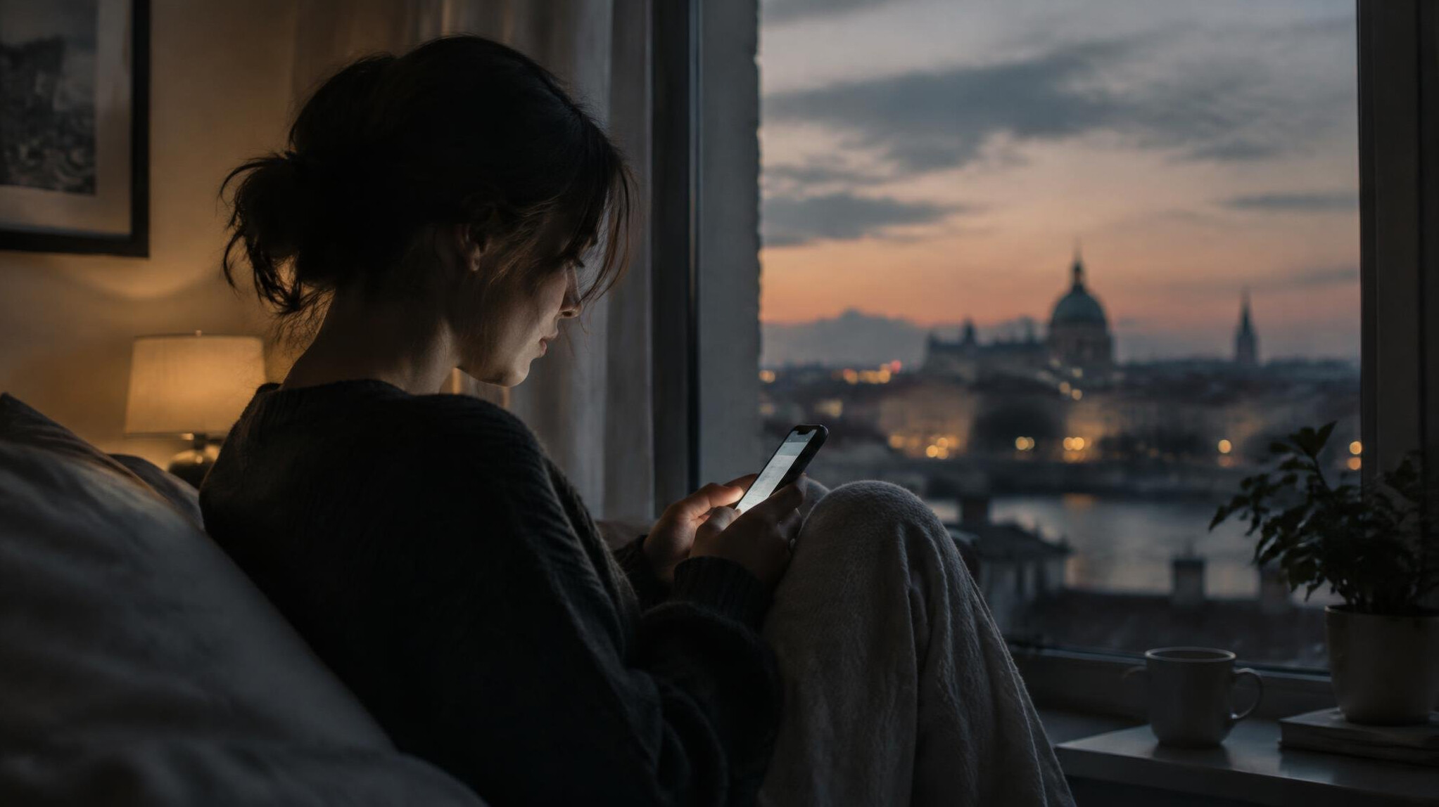 Person sitting alone at dusk looking at the glow of a smartphone screen