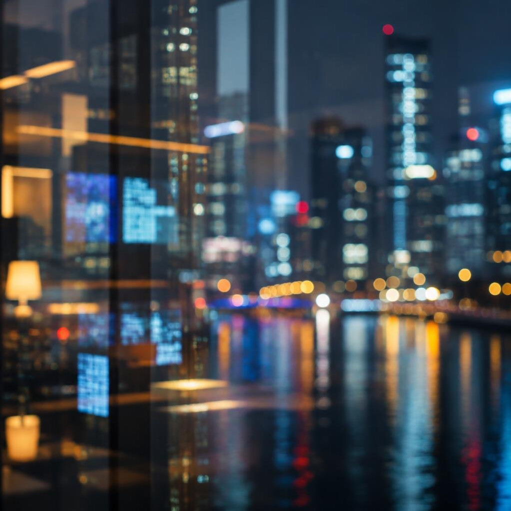 Abstract reflection of city lights on a glass window at night